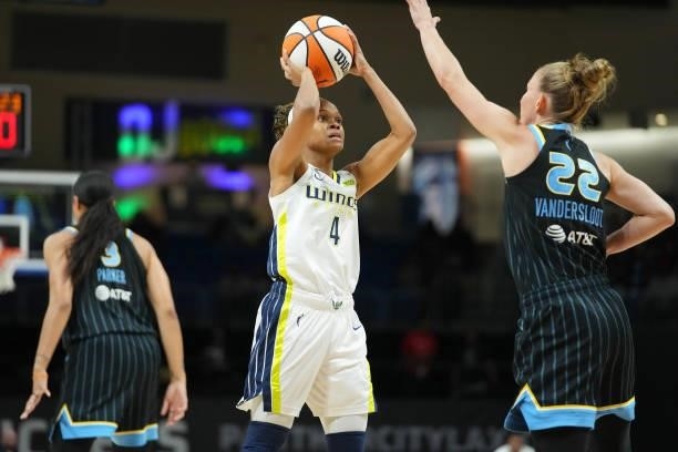 Moriah Jefferson of the Dallas Wings looks to shoot the ball over Courtney Vandersloot of the Chicago Sky on July 2, 2021 at the College Park Center...