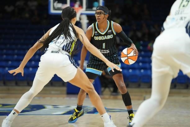 Diamond DeShields of the Chicago Sky handles the ball against the Dallas Wings on July 2, 2021 at the College Park Center in Arlington, Texas. NOTE...