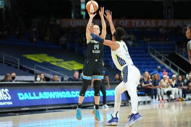 Allie Quigley of the Chicago Sky shoots the ball over Satou Sabally of the Dallas Wings on July 2, 2021 at the College Park Center in Arlington,...