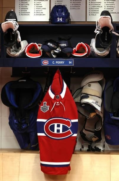 The equipment of Corey Perry of the Montreal Canadiens is seen in the locker room before Game Two of the 2021 Stanley Cup Final between the Tampa Bay...