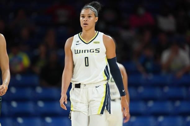 Satou Sabally of the Dallas Wings looks on during the game against the Chicago Sky on July 2, 2021 at the College Park Center in Arlington, Texas....