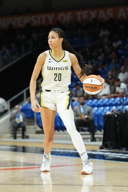 Isabelle Harrison of the Dallas Wings handles the ball against the Chicago Sky on July 2, 2021 at the College Park Center in Arlington, Texas. NOTE...
