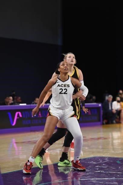 Ja Wilson of the Las Vegas Aces fights for rebound against the Los Angeles Sparks on July 2, 2021 at Los Angeles Convention Center in Los Angeles,...