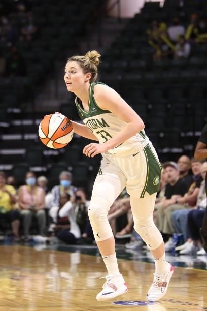 Katie Lou Samuelson of the Seattle Storm handles the ball against the Atlanta Dream on July 2, 2021 at the Angel of the Winds Arena, in Everett,...