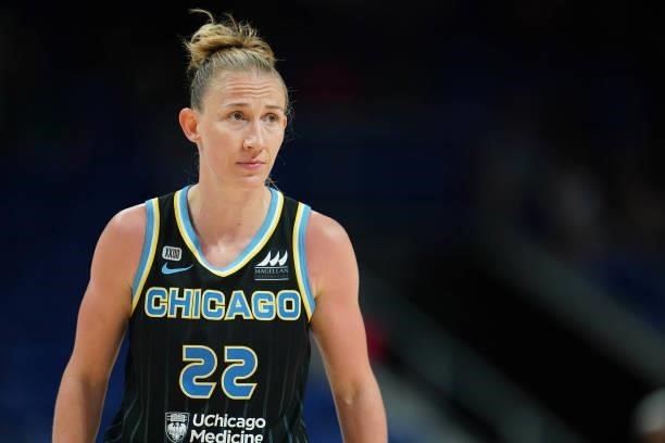 Courtney Vandersloot of the Chicago Sky looks on during the game against the Dallas Wings on July 2, 2021 at the College Park Center in Arlington,...