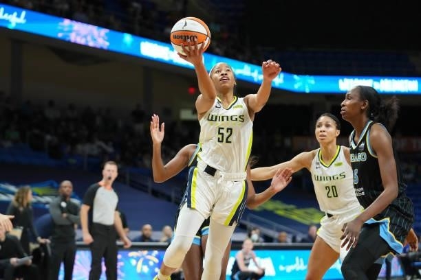 Tyasha Harris of the Dallas Wings drives to the basket against the Chicago Sky on July 2, 2021 at the College Park Center in Arlington, Texas. NOTE...