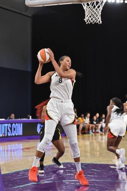 Liz Cambage of the Las Vegas Aces rebounds during the game against the Los Angeles Sparks on July 2, 2021 at Los Angeles Convention Center in Los...