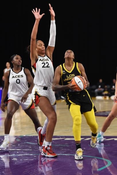 Aja Wilson of the Las Vegas Aces plays defense against the Los Angeles Sparks on July 2, 2021 at Los Angeles Convention Center in Los Angeles,...