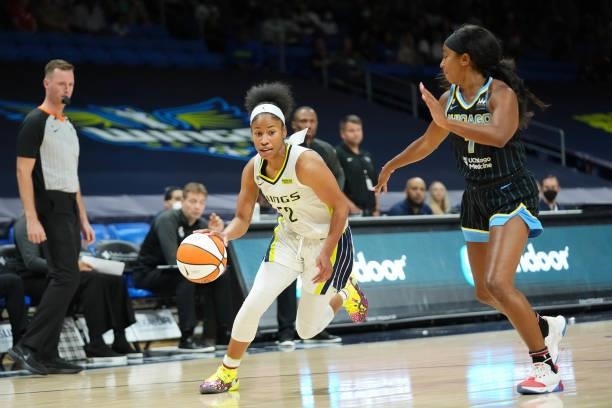 Tyasha Harris of the Dallas Wings dribbles the ball against the Chicago Sky on July 2, 2021 at the College Park Center in Arlington, Texas. NOTE TO...