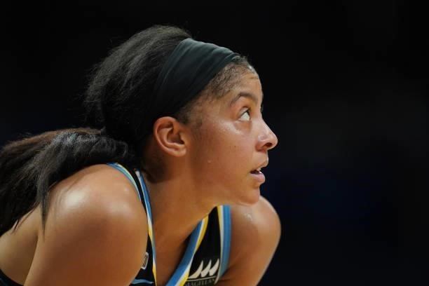 Close-up of Candace Parker of the Chicago Sky during the game against the Dallas Wings on July 2, 2021 at the College Park Center in Arlington,...