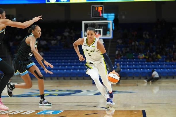 Satou Sabally of the Dallas Wings dribbles the ball against the Chicago Sky on July 2, 2021 at the College Park Center in Arlington, Texas. NOTE TO...