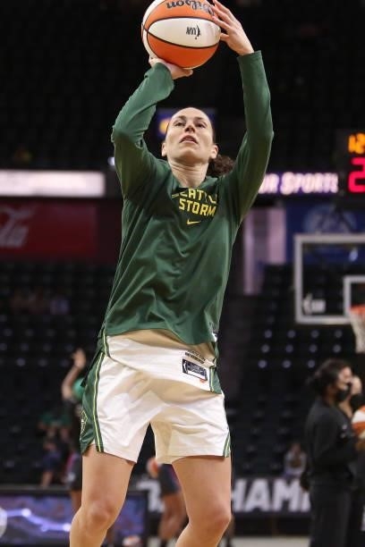 Sue Bird of the Seattle Storm warms up before the game against the Atlanta Dream on July 2, 2021 at the Angel of the Winds Arena, in Everett,...