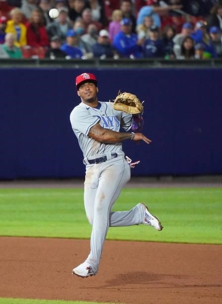 Wander Franco of the Tampa Bay Rays makes a play on a ball hit by Reese McGuire of the Toronto Blue Jays during the eighth inning at Sahlen Field on...
