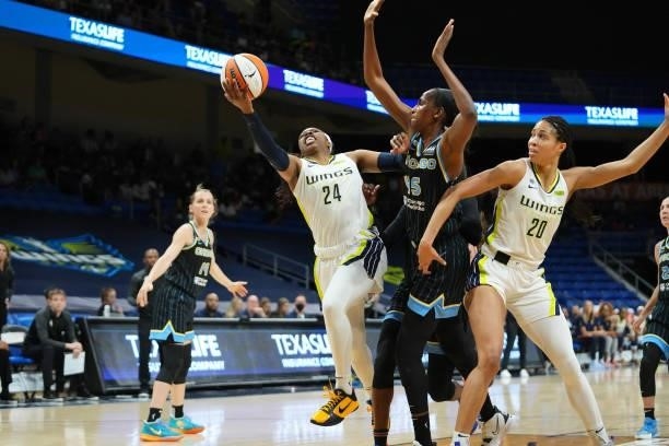 Arike Ogunbowale of the Dallas Wings drives to the basket against the Chicago Sky on July 2, 2021 at the College Park Center in Arlington, Texas....
