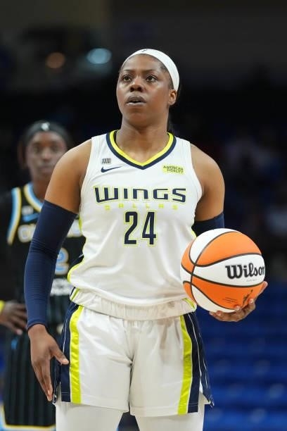 Arike Ogunbowale of the Dallas Wings looks to shoot a free throw against the Chicago Sky on July 2, 2021 at the College Park Center in Arlington,...