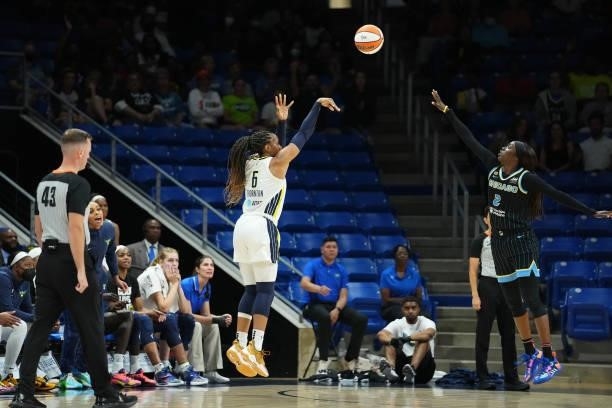 Kayla Thornton of the Dallas Wings shoots the ball over Kahleah Cooper of the Chicago Sky on July 2, 2021 at the College Park Center in Arlington,...