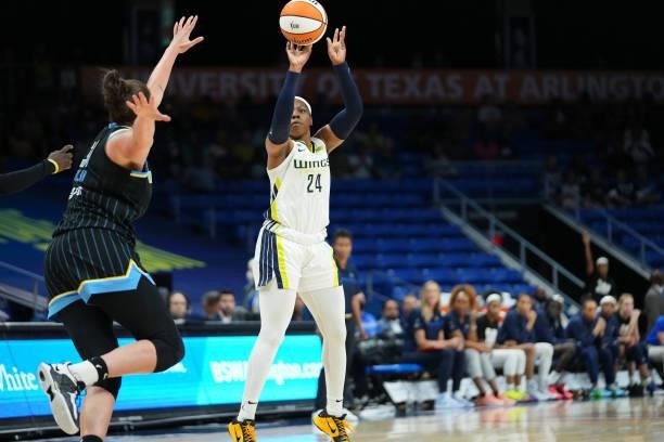 Arike Ogunbowale of the Dallas Wings shoots the ball against the Chicago Sky on July 2, 2021 at the College Park Center in Arlington, Texas. NOTE TO...