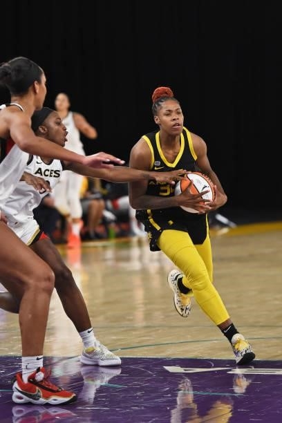Bria Holmes of the Los Angeles Sparks drives to the basket against the Las Vegas Aces on July 2, 2021 at Los Angeles Convention Center in Los...