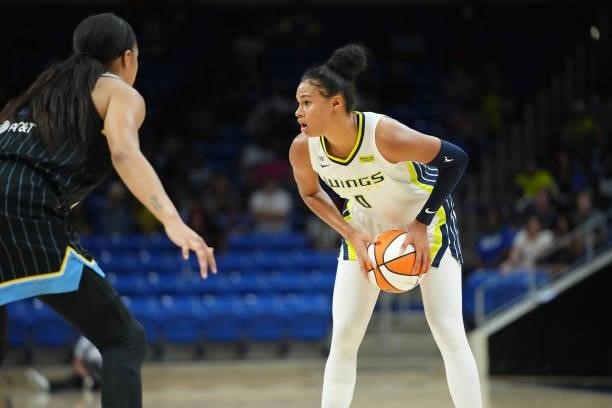 Satou Sabally of the Dallas Wings handles the ball against the Chicago Sky on July 2, 2021 at the College Park Center in Arlington, Texas. NOTE TO...