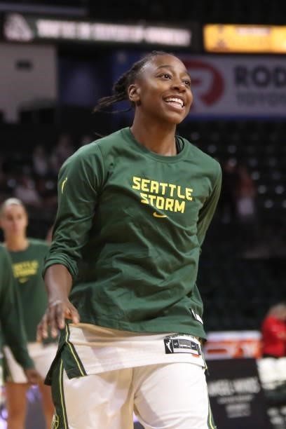 Jewell Loyd of the Seattle Storm smiles before the game against the Atlanta Dream on July 2, 2021 at the Angel of the Winds Arena, in Everett,...