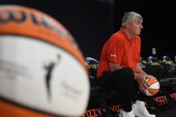 Las Vegas Aces head coach Bill Laimbeer looks on before the game against the Los Angeles Sparks on July 2, 2021 at Los Angeles Convention Center in...