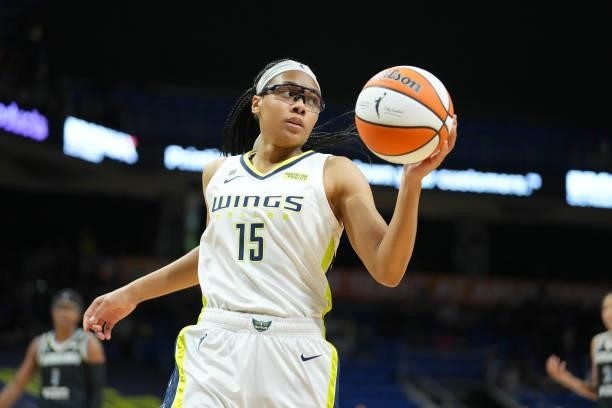 Allisha Gray of the Dallas Wings handles the ball against the Chicago Sky on July 2, 2021 at the College Park Center in Arlington, Texas. NOTE TO...