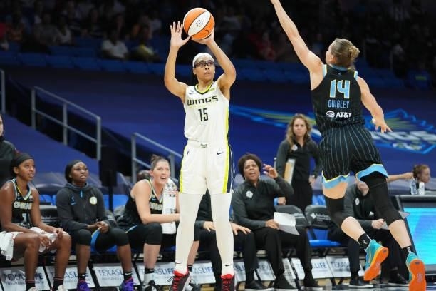 Allisha Gray of the Dallas Wings shoots the ball over Allie Quigley of the Chicago Sky on July 2, 2021 at the College Park Center in Arlington,...