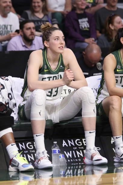 Katie Lou Samuelson of the Seattle Storm looks on during the game against the Atlanta Dream on July 2, 2021 at the Angel of the Winds Arena, in...