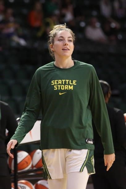 Katie Lou Samuelson of the Seattle Storm smiles before the game against the Atlanta Dream July 2, 2021 at the Angel of the Winds Arena, in Everett,...