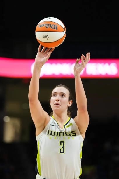Marina Mabrey of the Dallas Wings shoots a free throw against the Chicago Sky on July 2, 2021 at the College Park Center in Arlington, Texas. NOTE TO...