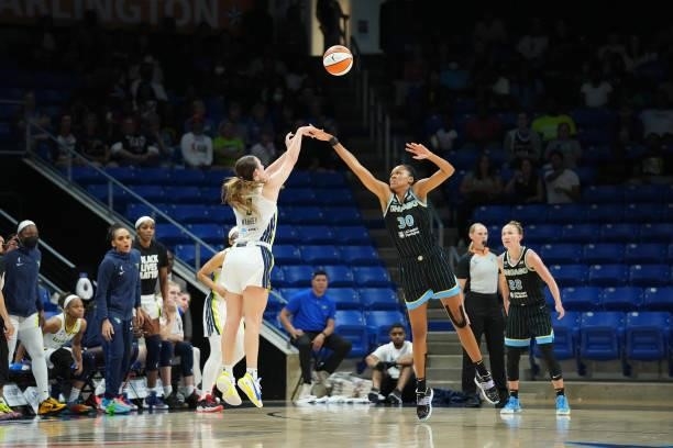 Marina Mabrey of the Dallas Wings shoots the ball over Azura Stevens of the Chicago Sky on July 2, 2021 at the College Park Center in Arlington,...