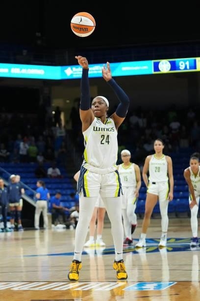 Arike Ogunbowale of the Dallas Wings shoots a free throw against the Chicago Sky on July 2, 2021 at the College Park Center in Arlington, Texas. NOTE...