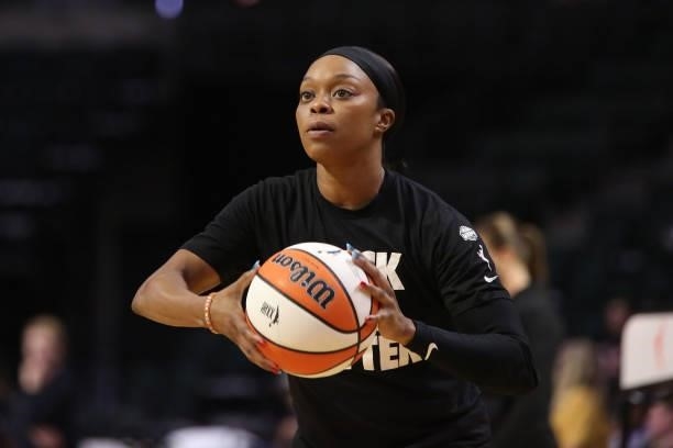 Odyssey Sims of the Atlanta Dream warms up before the game against the Seattle Storm on July 2, 2021 at the Angel of the Winds Arena, in Everett,...