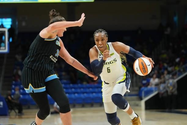Kayla Thornton of the Dallas Wings drives to the basket against the Chicago Sky on July 2, 2021 at the College Park Center in Arlington, Texas. NOTE...