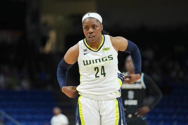 Arike Ogunbowale of the Dallas Wings looks on during the game against the Chicago Sky on July 2, 2021 at the College Park Center in Arlington, Texas....
