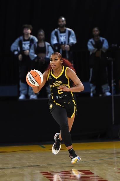 Te'a Cooper of the Los Angeles Sparks dribbles during the game against the Las Vegas Aces on July 2, 2021 at Los Angeles Convention Center in Los...