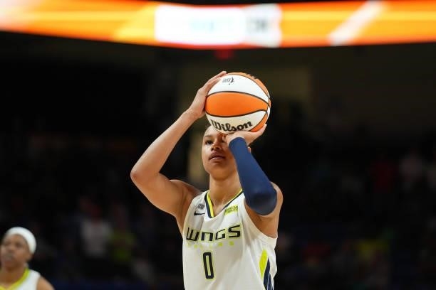 Satou Sabally of the Dallas Wings shoots a free throw against the Chicago Sky on July 2, 2021 at the College Park Center in Arlington, Texas. NOTE TO...