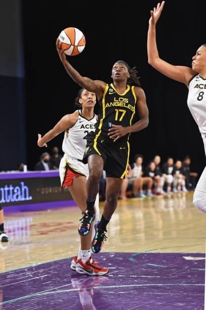 Erica Wheeler of the Los Angeles Sparks drives to the basket against the Las Vegas Aces on July 2, 2021 at Los Angeles Convention Center in Los...