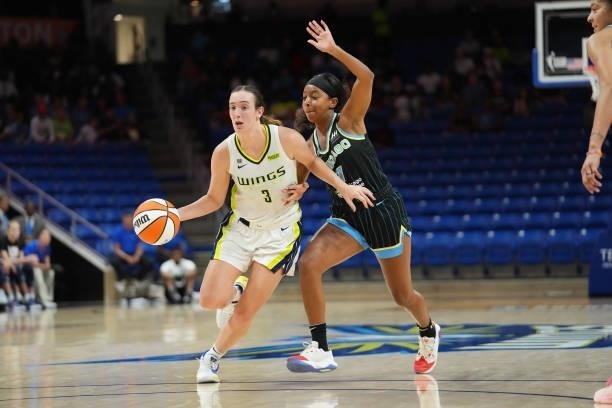 Marina Mabrey of the Dallas Wings dribbles the ball against the Chicago Sky on July 2, 2021 at the College Park Center in Arlington, Texas. NOTE TO...