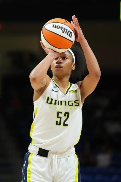 Tyasha Harris of the Dallas Wings shoots a free throw against the Chicago Sky on July 2, 2021 at the College Park Center in Arlington, Texas. NOTE TO...