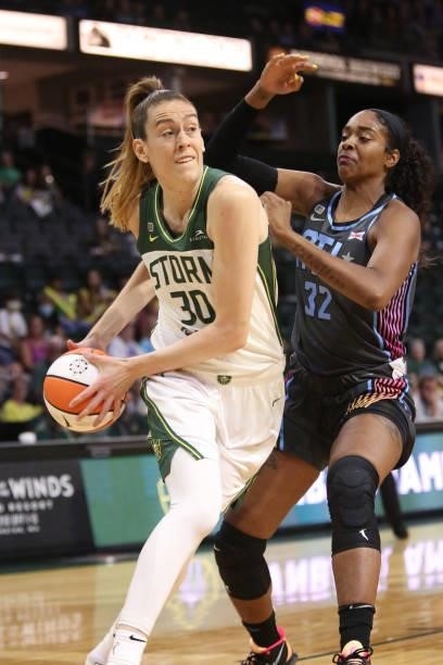 Breanna Stewart of the Seattle Storm drives to the basket during the game against the Atlanta Dream on July 2, 2021 at the Angel of the Winds Arena,...