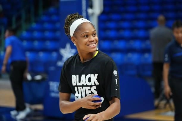 Moriah Jefferson of the Dallas Wings smiles after the game against the Chicago Sky on July 2, 2021 at the College Park Center in Arlington, Texas....