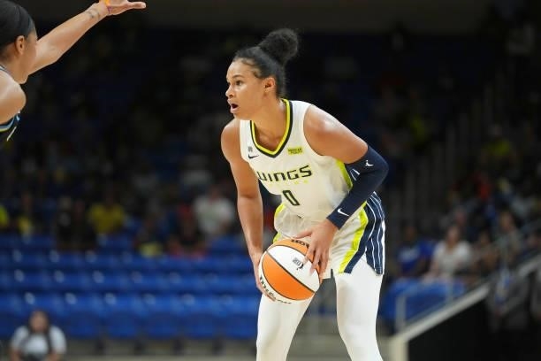 Satou Sabally of the Dallas Wings handles the ball against the Chicago Sky on July 2, 2021 at the College Park Center in Arlington, Texas. NOTE TO...