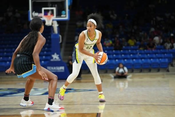 Tyasha Harris of the Dallas Wings handles the ball against the Chicago Sky on July 2, 2021 at the College Park Center in Arlington, Texas. NOTE TO...