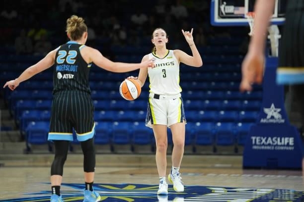 Marina Mabrey of the Dallas Wings handles the ball against the Chicago Sky on July 2, 2021 at the College Park Center in Arlington, Texas. NOTE TO...