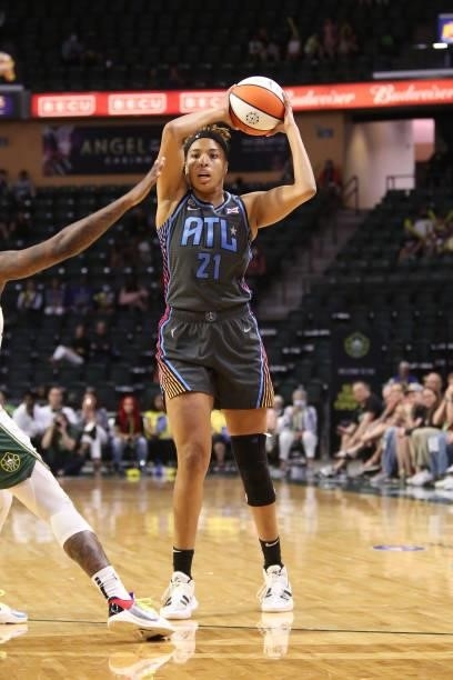 Tianna Hawkins of the Atlanta Dream looks to pass the ball against the Seattle Storm on July 2, 2021 at the Angel of the Winds Arena, in Everett,...