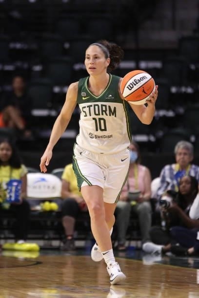 Sue Bird of the Seattle Storm handles the ball against the Atlanta Dream on July 2, 2021 at the Angel of the Winds Arena, in Everett, Washington....
