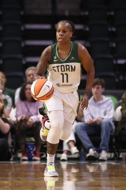 Epiphanny Prince of the Seattle Storm handles the ball against the Atlanta Dream on July 2, 2021 at the Angel of the Winds Arena, in Everett,...