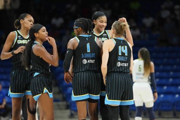 Candace Parker of the Chicago Sky celebrates during the game against the Dallas Wings on July 2, 2021 at the College Park Center in Arlington, Texas....