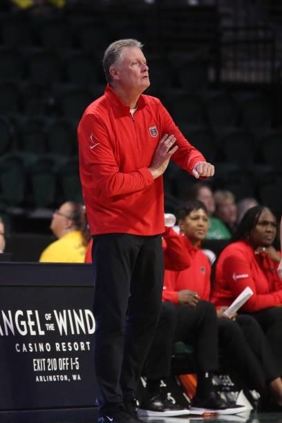 Head Coach, Mike Petersen of the Atlanta Dream looks on during the game against the Seattle Storm July 2, 2021 at the Angel of the Winds Arena, in...